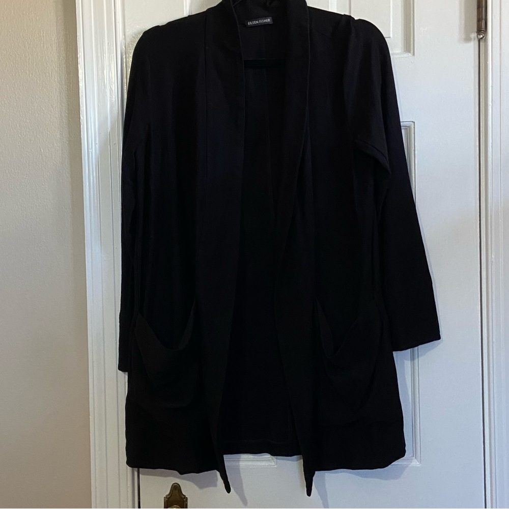 Eileen Fisher Black Draped Open-Front Long Blazer